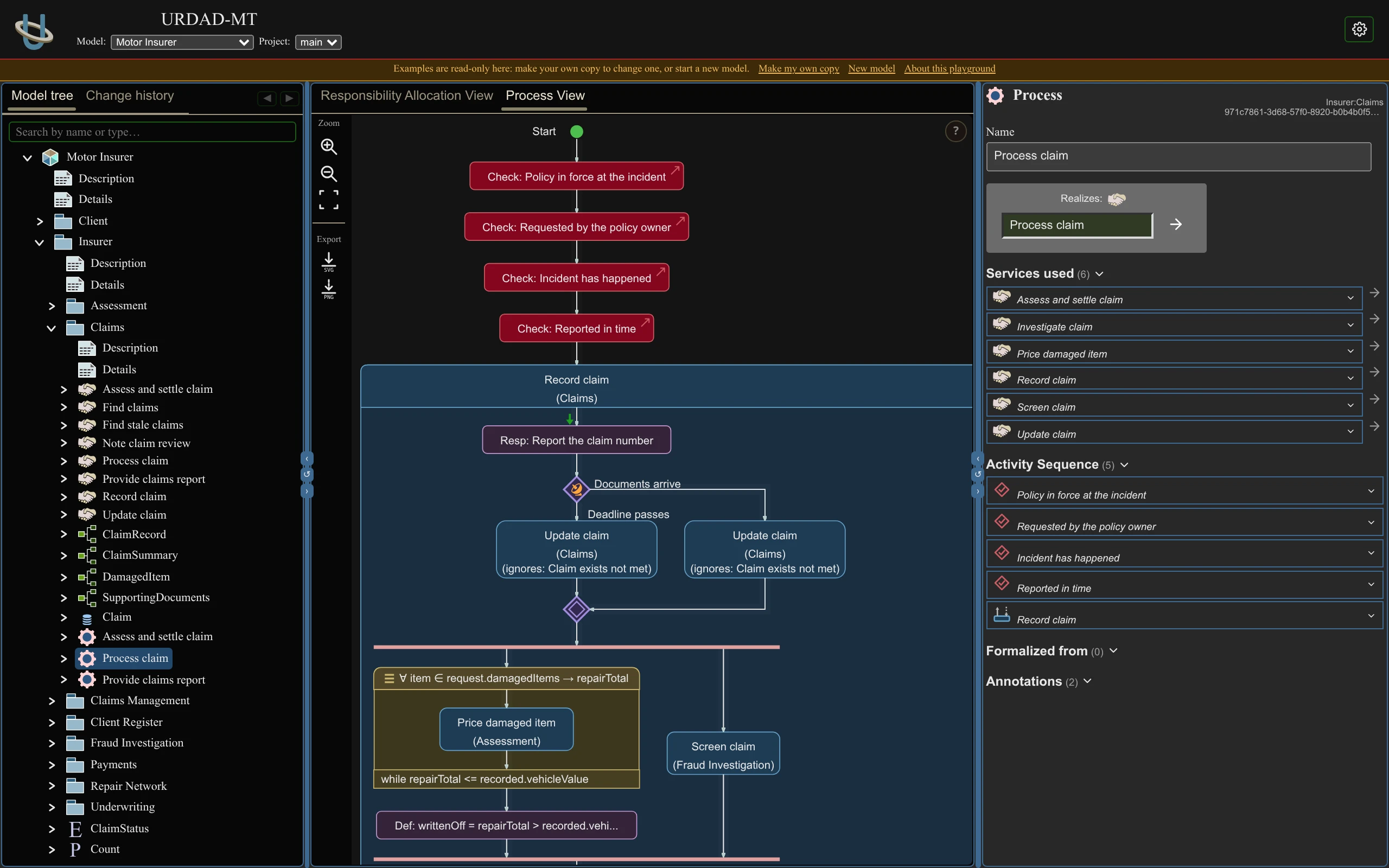 The URDAD modelling tool showing the motor insurer example: the model tree on the left, the Process claim process drawn as a diagram in the middle, and the selected element's details on the right.
