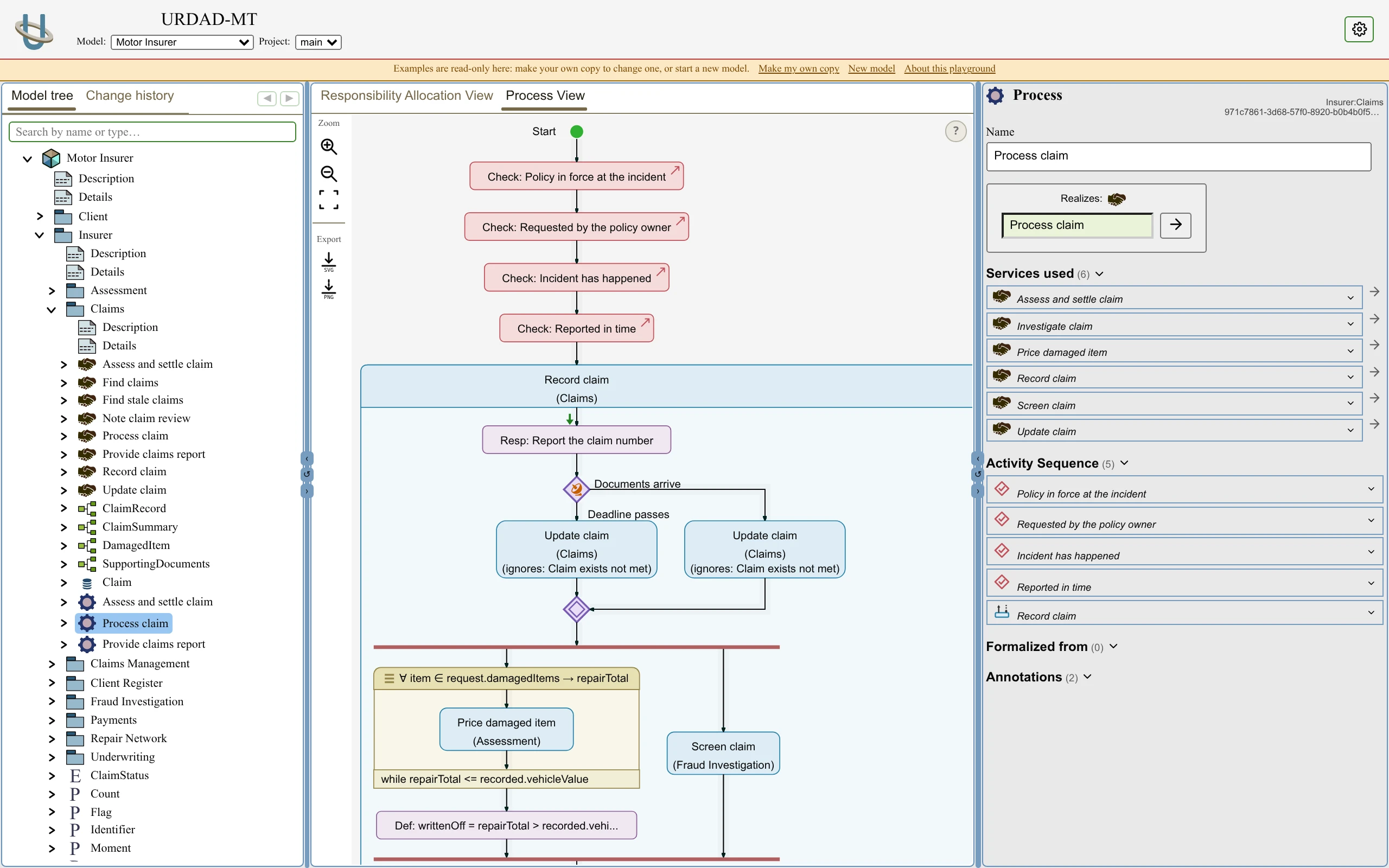 The URDAD modelling tool showing the motor insurer example: the model tree on the left, the Process claim process drawn as a diagram in the middle, and the selected element's details on the right.